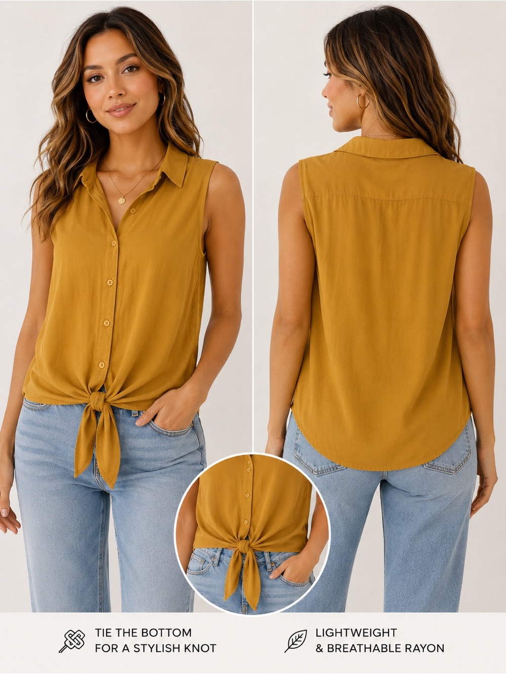 Mustard Sleeveless Tie-Front Button-Up Blouse | 100% Rayon | Size Medium